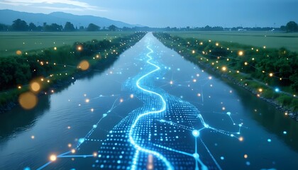 Expansive River System Flowing into a Digital Neural Network Extending Across the Horizon