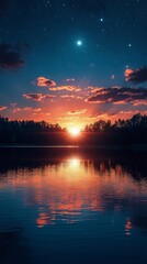 Fototapeta premium Sunset over lake reflecting vibrant colors with silhouettes of trees and stars in evening sky