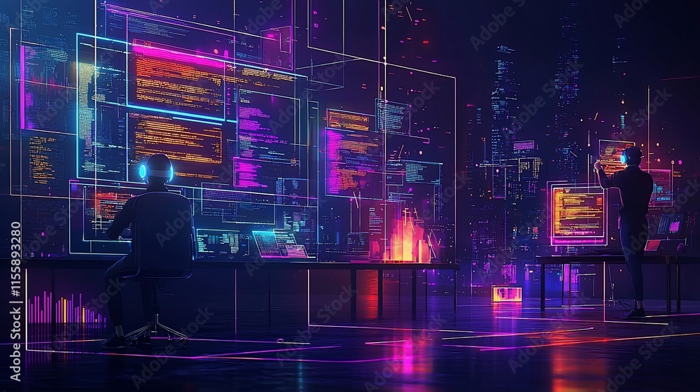 Aufkleber Two programmers work on a futuristic holographic coding interface in a dark, neon-lit room.