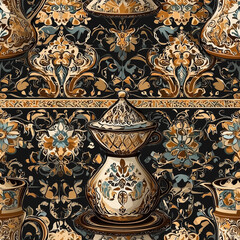 Elegant vintage design featuring ornate teapots and floral patterns in earthy tones against a dark backdrop.