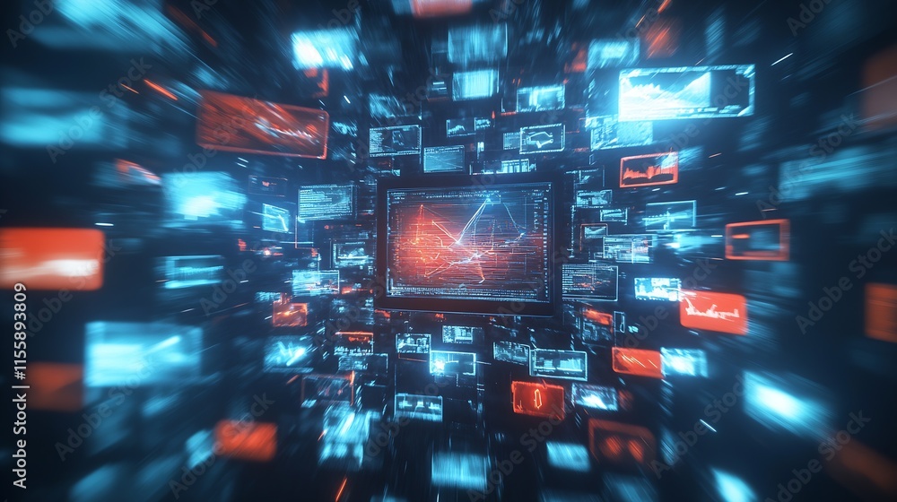 Aufkleber Dynamic Digital Grid with Electronic Screens and Data Flow Visualization : Generative AI