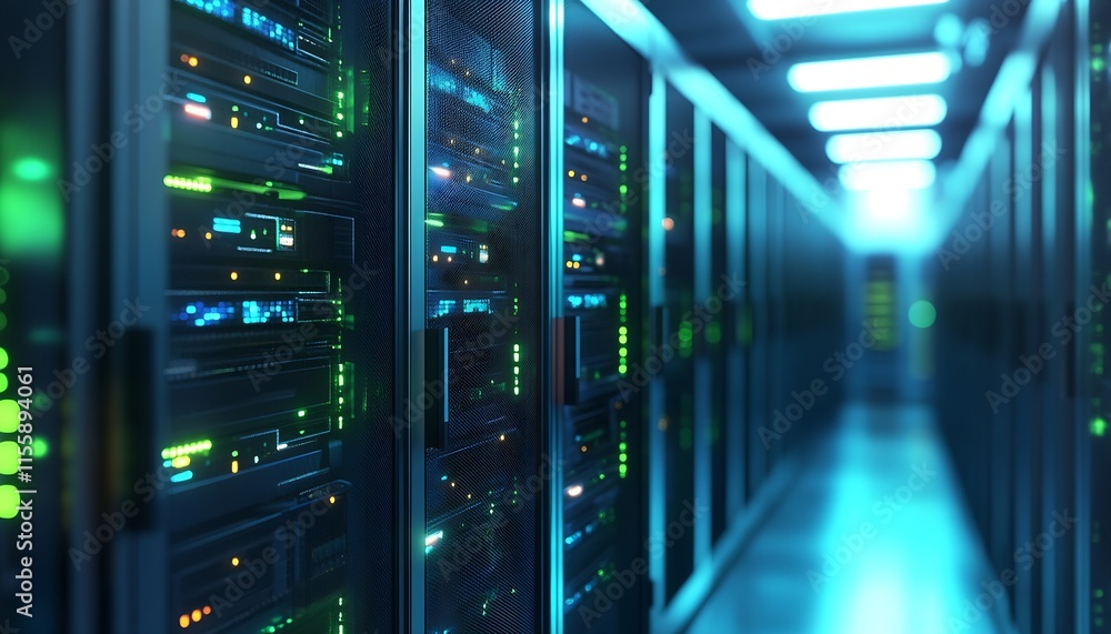 Aufkleber High Performance Server Room with Glowing LED Indicators for Business Data Solutions : Generative AI