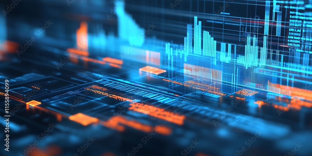 Poster Innovative Blue and Orange Digital Data Graphs in a Futuristic Interface : Generative AI