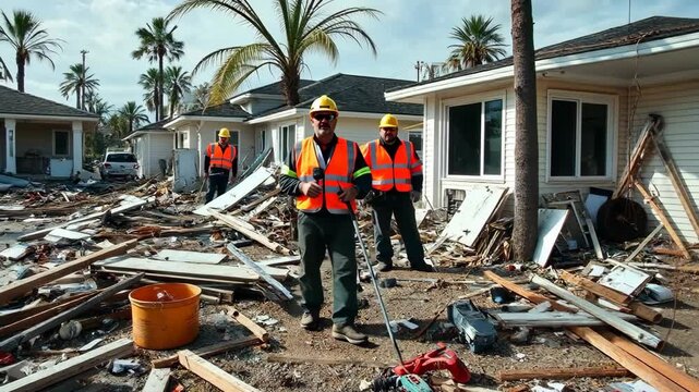 Cleanup and restoration efforts at residential area following severe storm damage