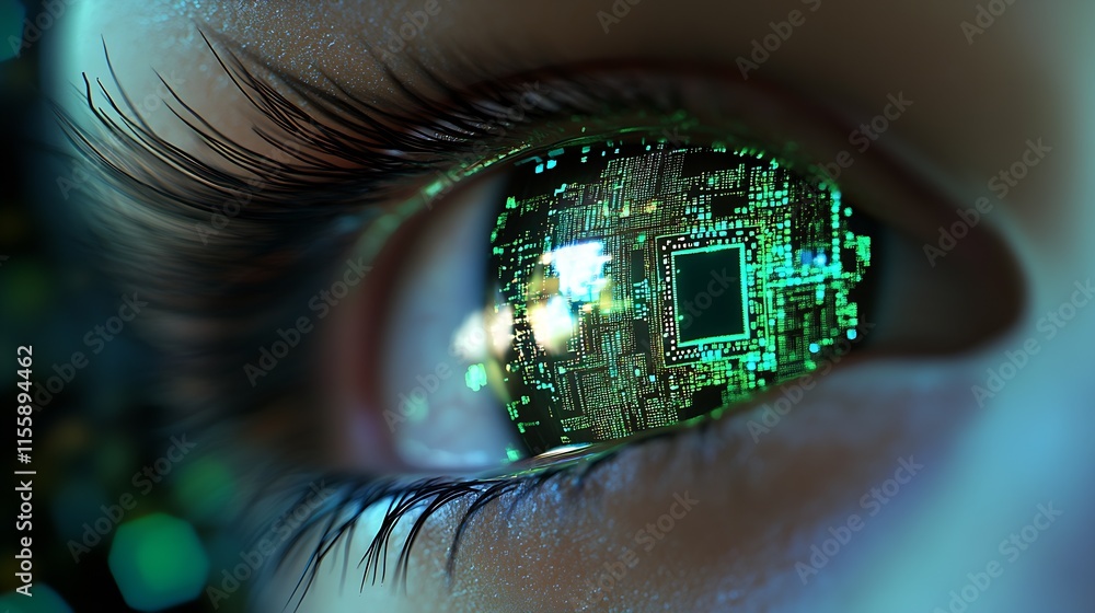 Aufkleber Macro Image of Eye Embedding Digital Circuitry Symbolizing Modern Technology : Generative AI