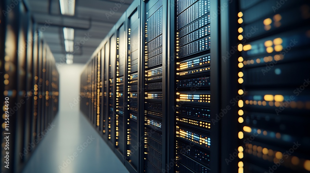 Poster Modern Data Center with Rack Servers and LED Indicators in Focused Perspective : Generative AI