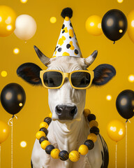 Black and white cow wearing yellow glasses, a party hat, and a large round necklace against bright yellow backdrop with balloons. Funny birthday card 
