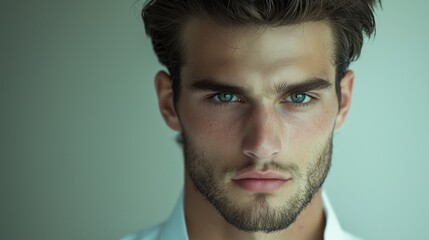 Obraz premium A man with a beard and blue eyes is standing in front of a white wall