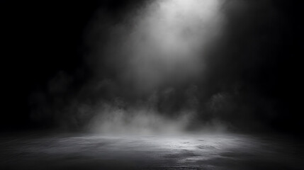 Fototapeta premium Empty dark studio with spotlight and fog effects on a concrete floor.