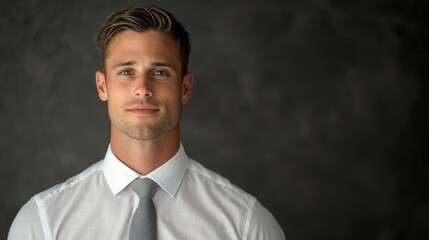 A man wearing a white shirt and a black and gray tie is smiling