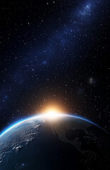 Stunning view of Earth from space with the sun rising over the horizon, showcasing a celestial and futuristic atmosphere.