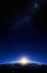 A breathtaking nighttime view of Earth with glowing city lights and a starry sky, perfect for themes of space and exploration.