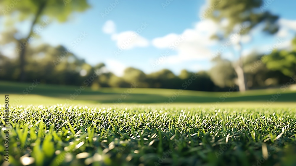 Poster green meadow with lush grass and bokeh trees in the background : generative ai