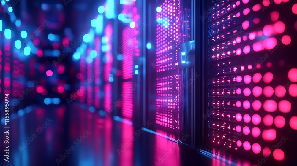 Poster futuristic data center corridor with vibrant pink and blue led server lights : generative ai