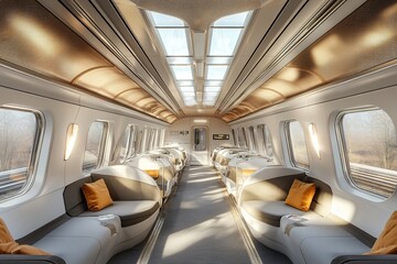 Fototapeta premium Spacious train interior with modern design, large windows, and c