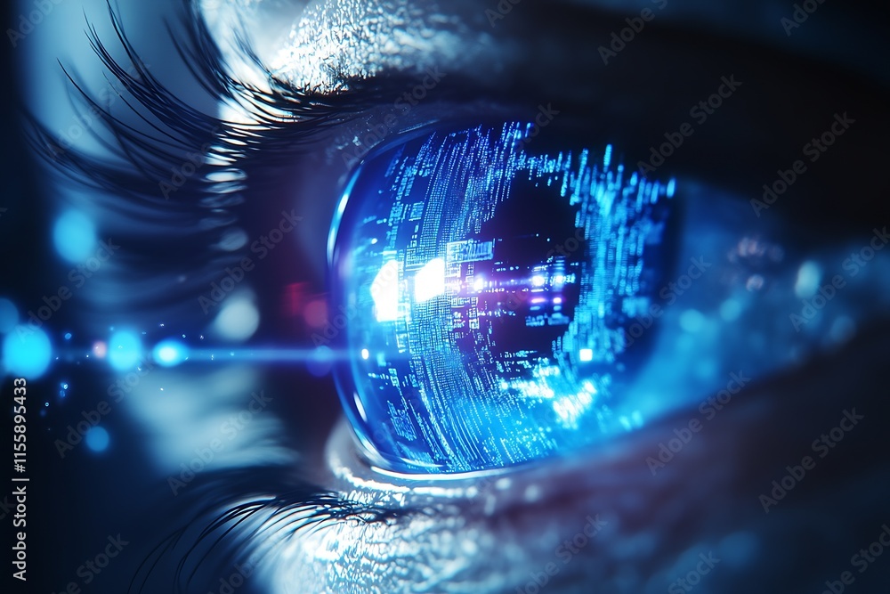 Aufkleber HighTech Digital Blue Eye Closeup with Data Reflections Signifying Future Vision AI and Technology : Generative AI
