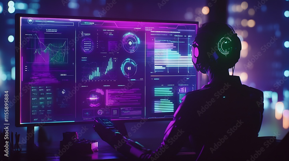 Fototapete Futuristic AI Data Analyst Working at High Tech Digital Interface with Neon Graphics in Cyberpunk Environment : Generative AI