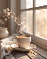 Warm morning coffee and cozy decor by the window in soft light