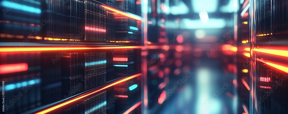 Poster Bright Neon Lit Server Room with Advanced Networking Infrastructure : Generative AI
