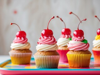 Adorable Cupcakes with Cherry Toppings Dancing on a Colorful Tray