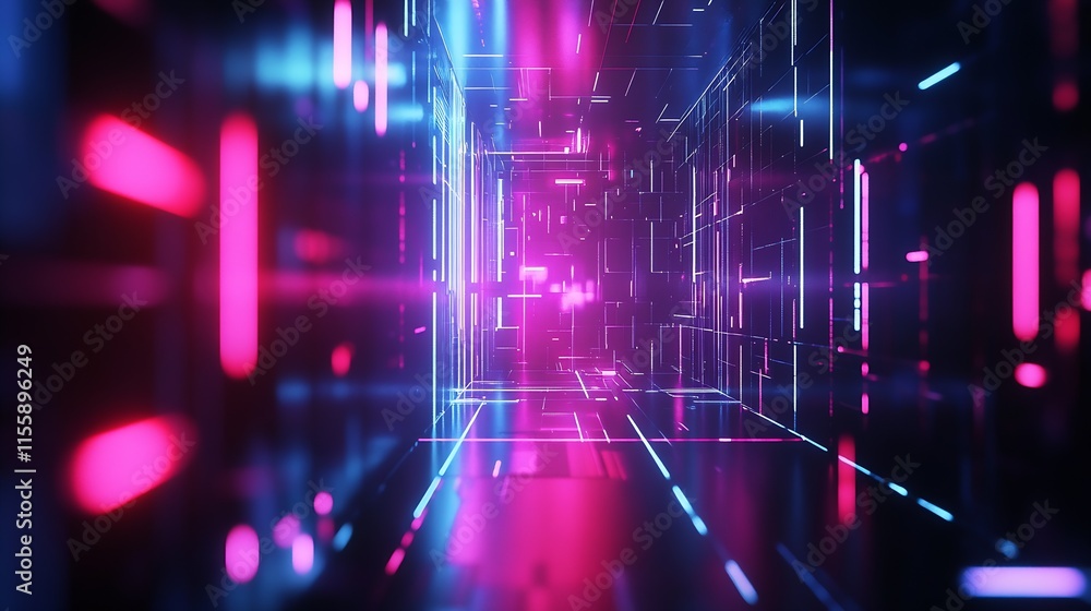 Aufkleber Illuminated Neon Cyberpunk Tunnel with Dynamic Light Patterns and Tech Vibe : Generative AI