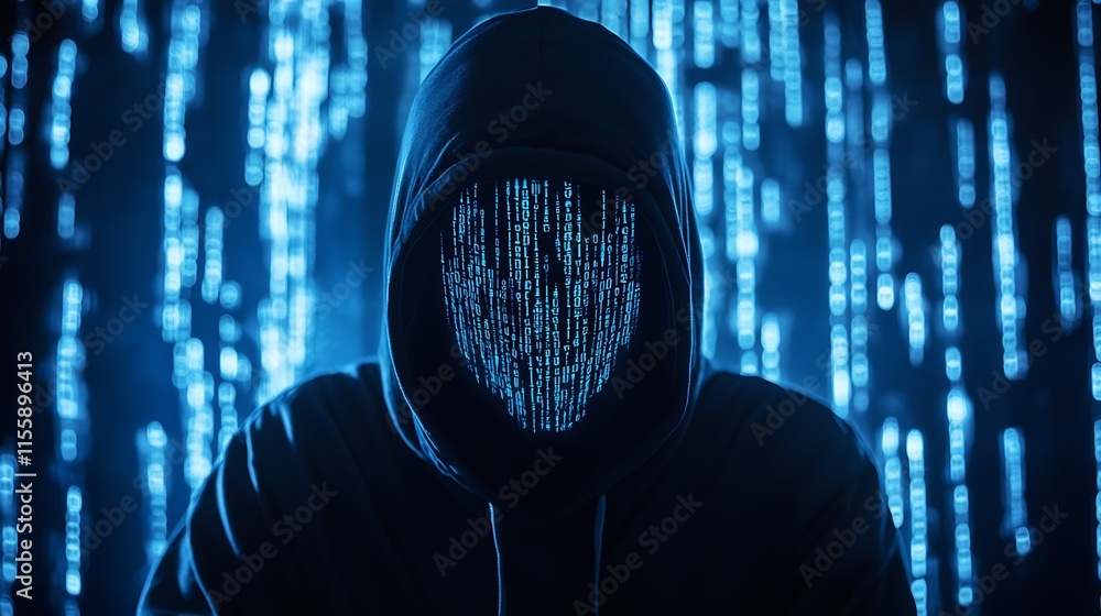 Aufkleber Intriguing Digital Hacker Portrait with Binary Code and Future Themes : Generative AI