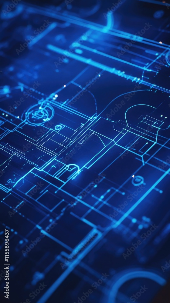 Poster a blueprint-style digital design featuring intricate lines and patterns in blue tones.