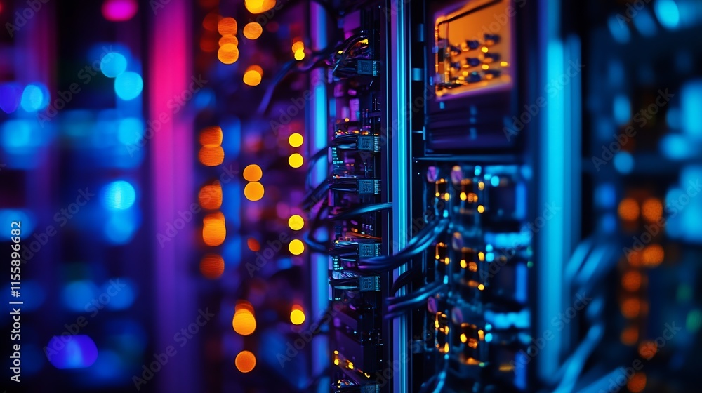 Poster futuristic server racks with neon lights data storage technology innovation : generative ai