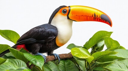 Colorful toucan perched on vibrant flowers under a clear blue sky in a tropical setting