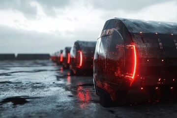 Futuristic transport pods lined up on a rainy urban street during twilight