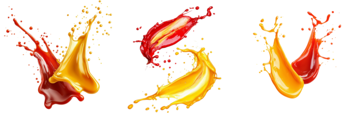 A Set of Artistic Splashes of Ketchup and Mustard Isolated on Transparent Background