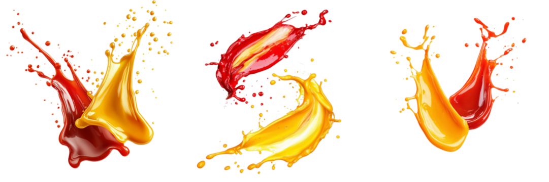 A Set of Artistic Splashes of Ketchup and Mustard Isolated on Transparent Background