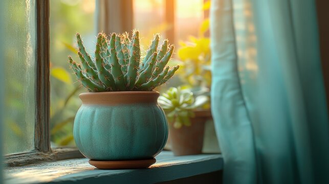 Succulent in teal pot on windowsill, sunlight.