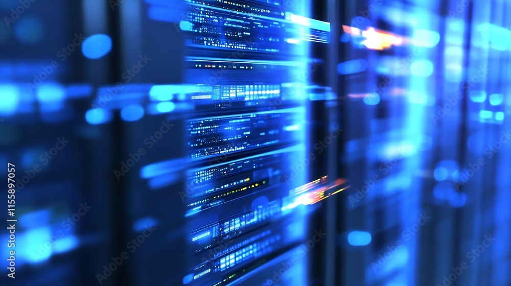 Poster Advanced Data Center with Blur Effect and Rapid Blue LED Light Streaks : Generative AI