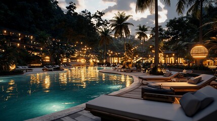 Obraz premium Night view of a tropical resort pool with palm trees, lounge chairs and warm lighting.