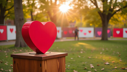 Large donation box for Valentine's Day in a park setting, surrounded by vibrant heart decorations