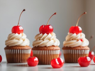 Three Cheerful Cupcakes with Cherry Toppings