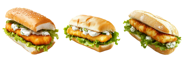 A Set of Delicious Crispy Fish Sandwiches Featuring Tartar Sauce and Lettuce Isolated on Transparent Background