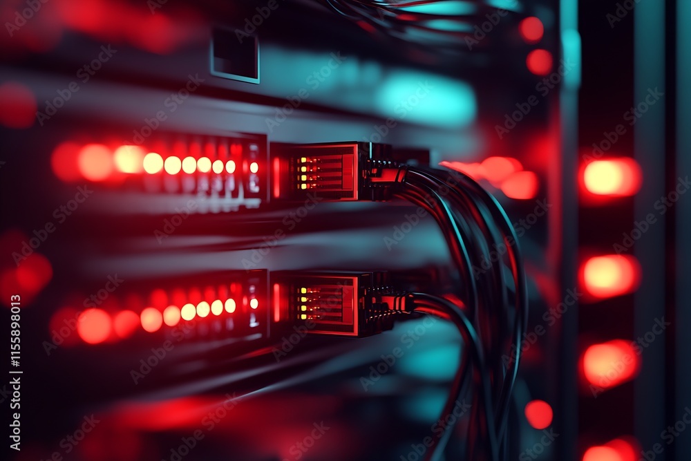 Fototapete high-tech data server room with glowing red led lights on server racks : generative ai