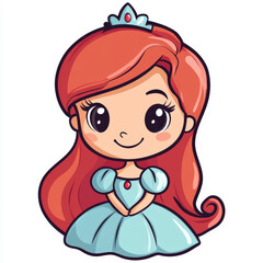Cute cartoon princess with red hair and blue dress, charming illustration perfect for children's books, decorations, or playful designs