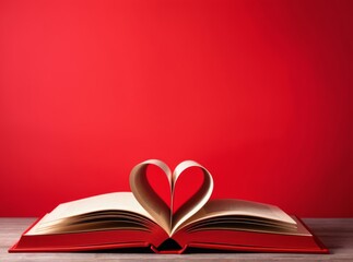 Open book with pages shaped like a heart on a vibrant red background creates a romantic atmosphere...