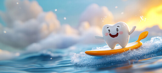 Fototapeta premium Cheerful tooth character rides a colorful kayak through vibrant waves under a bright sunset