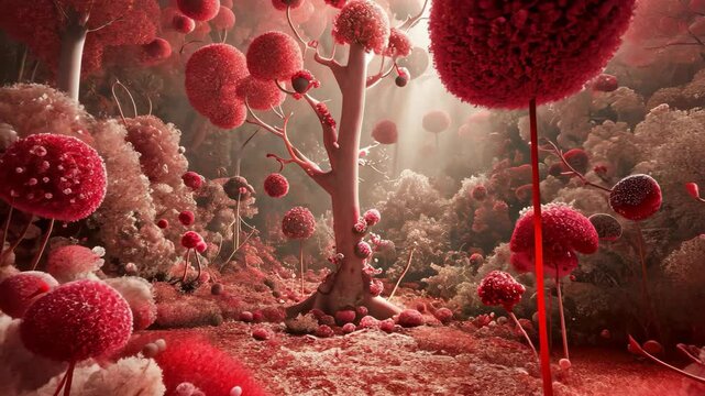 Lush Forest Abundant With Pink Flowers, Fantasy-style scenery created from different types of blood cells