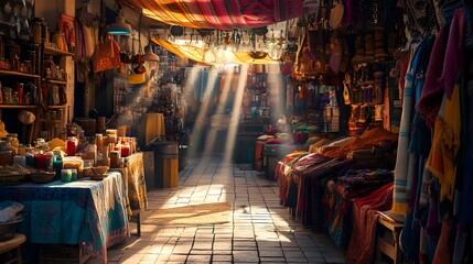 Obraz premium Sunlit Market Alleyway Displays Colorful Textiles and Spices