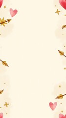 Cupid’s arrows tipped with cannabis leaves fly through red and pink hearts on a cream background; seamless elegant pattern for Valentine’s decor, gift wraps, or stationery.