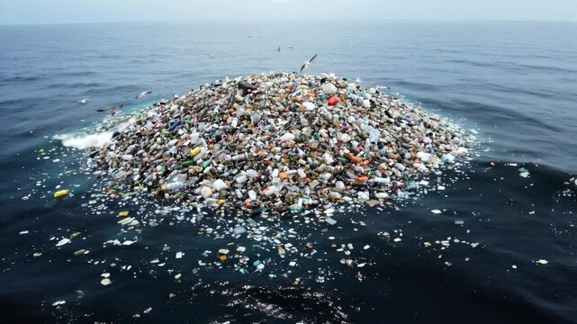 Floating garbage island, ocean debris and plastic waste in vast marine environment. Environmental pollution, marine ecology and waste management crisis under open sky