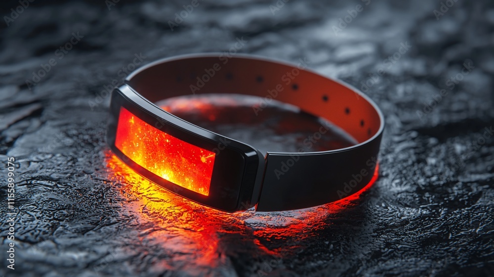 Poster Smartwatch with fiery display on dark surface.