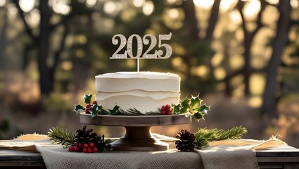 simple plane white cake with 2025 candles in outdoor