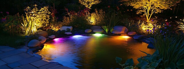 Fototapeta premium Serene Backyard Pond with Colorful LED Illumination Amidst Lush Greenery : Generative AI