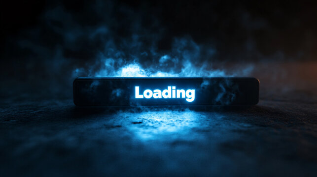 Loading indicator in dark mode illuminated with a cool blue glow against a matte black background